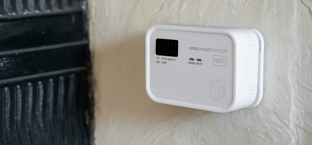 A white carbon monoxide detector is mounted on a textured off-white wall beside a black ribbed metal surface.