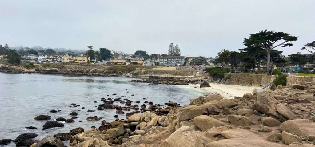 A rugged shoreline at Lovers Point Beach near Monterey, California, featuring tan and brown rock formations set against clear turquoise water. Monterey cypress trees and coastal homes line the background.