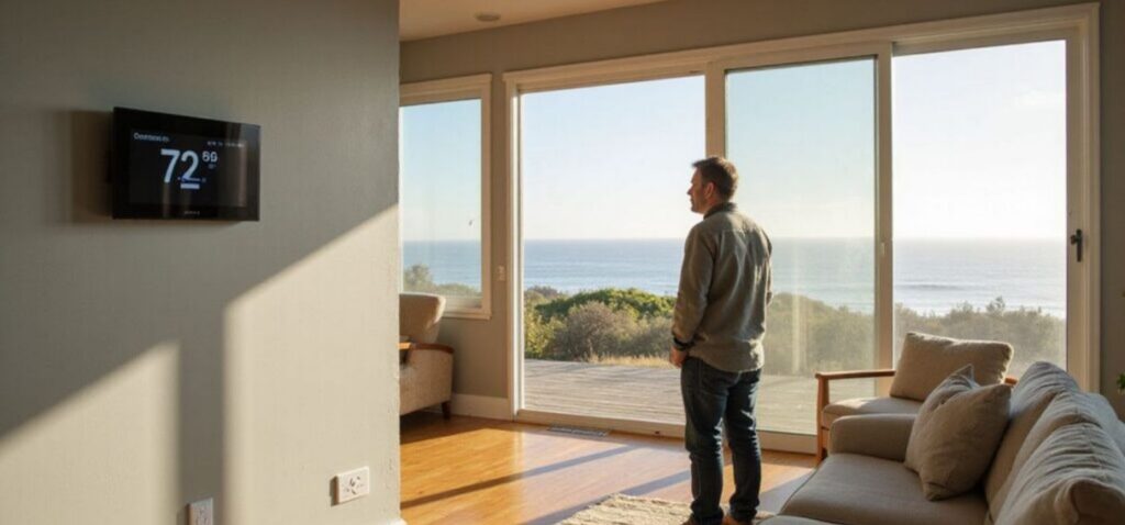 A man stands in a coastal living room by a thermostat.