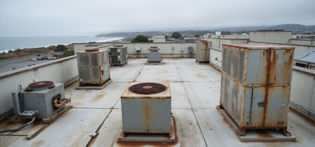 Rooftop commercial HVAC units with visible rust and coastal exposure overlooking the coastline on an overcast day.