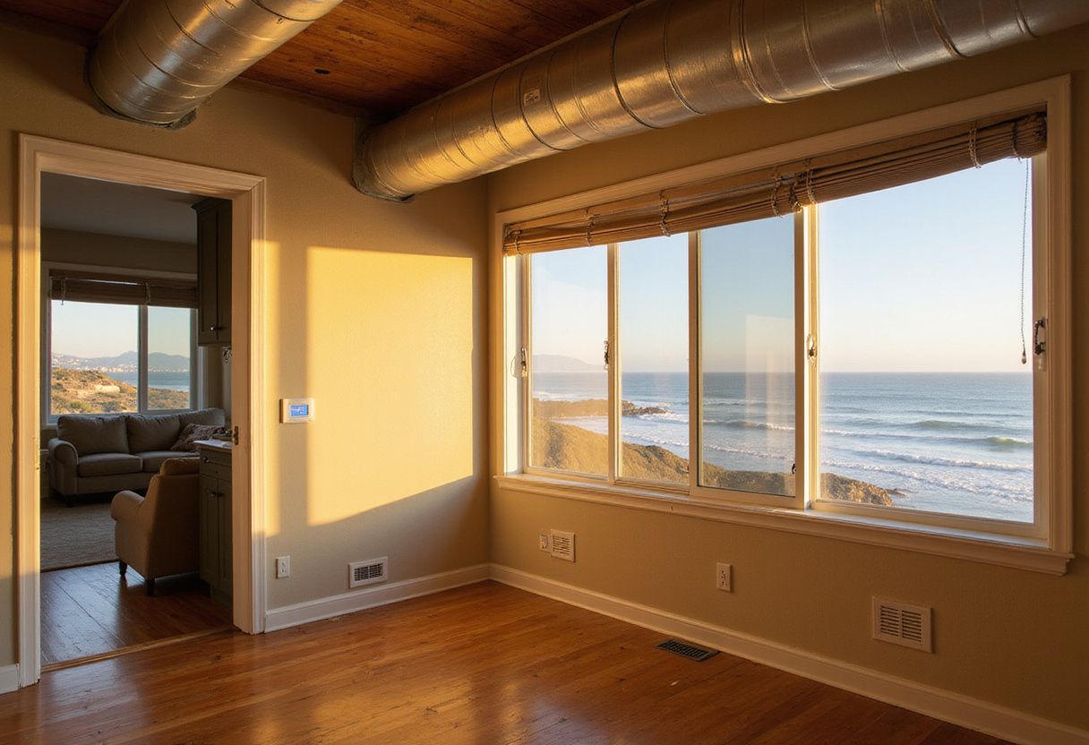 Coastal residence interior showcasing HVAC, ocean views, and light decor.