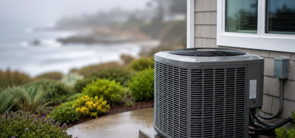 Outdoor HVAC unit beside a coastal home on a foggy day with a blurred ocean landscape in the background.