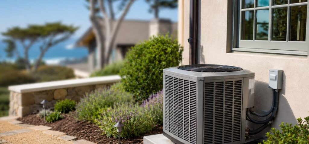 Outdoor HVAC unit beside a coastal-style home with landscaped greenery, stone pathways, and a blurred ocean view in the background.