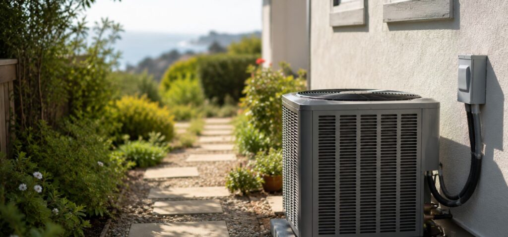 Outdoor air conditioner condenser unit installed along the side of a coastal California home with an ocean view in the background.